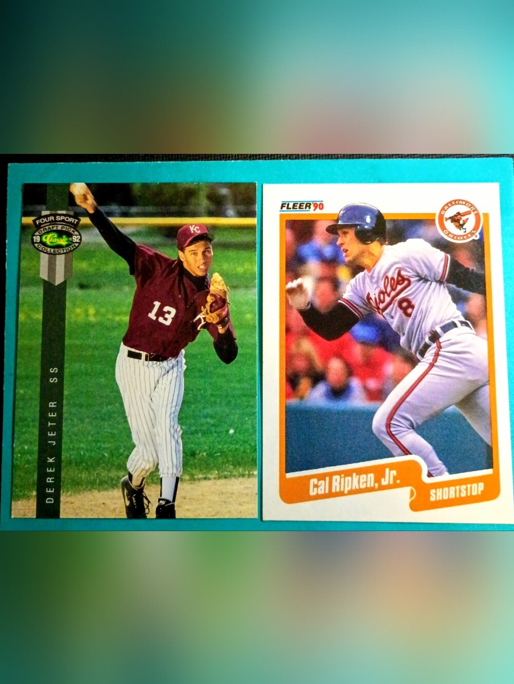 Derek Jeter 1992 Rookie Card #231 and Cal Ripken Card #187 In Ex. Condition.